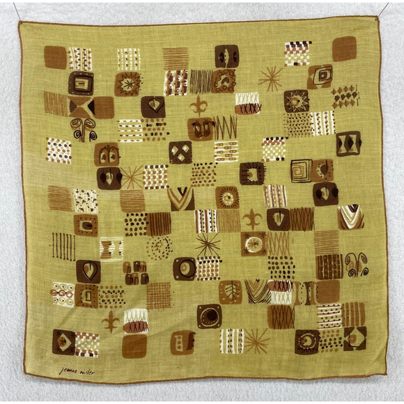 JEANNE MILLER Handkerchief OS MCM Hand Rolled Abstract Yellow VTG 14" x 14" - Picture 1 of 13